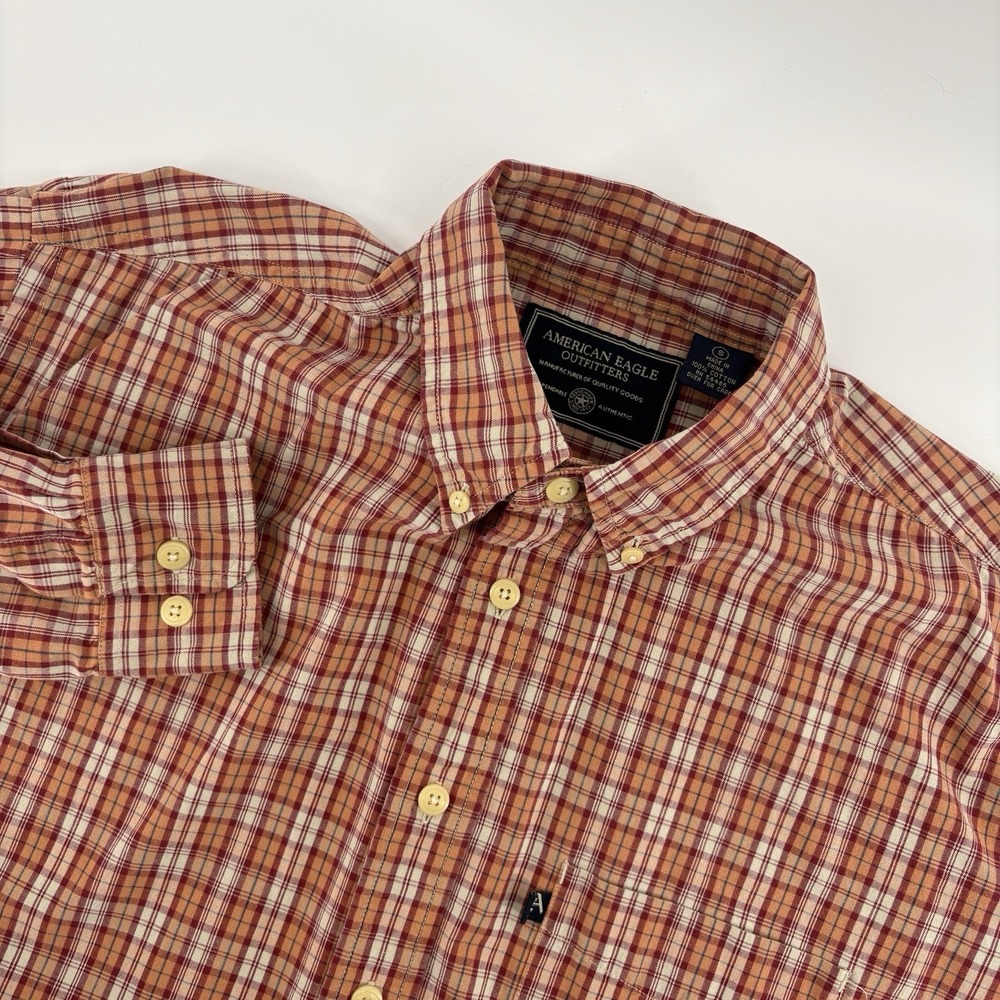 American Eagle Men's Small Orange Plaid Button Down Long‎ Sleeve